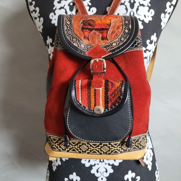 Multicolor Faux Leather Suede Boho Hippie Southwestern Small Backpack llama - Picture 1 of 11